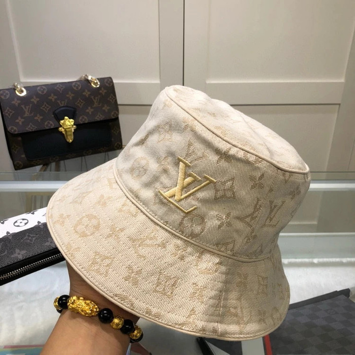 Louis Vuitton Embroidered Lv Logo Monogram Bucket Hat In Beige Cream