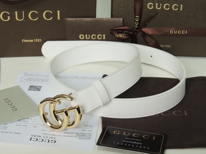Gucci White Leather Belt With Shiny Gold-toned Double G Buckle