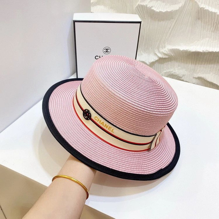 Chanel Stripes Band With Logo Bucket Hat In Light Pink