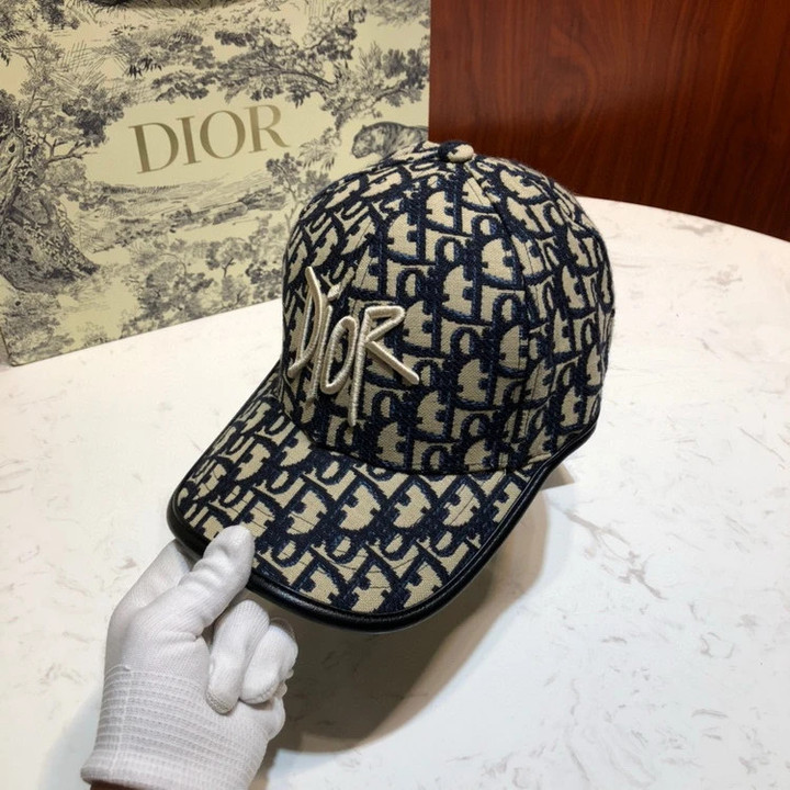 Christian Dior D-oblique Leather Brim Baseball Cap In Navy Beige