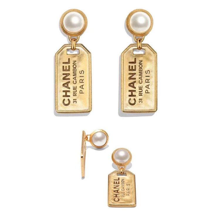 Chanel Gold Cambon Xl Letter Logo 31 Rue White Pearl Cc Tags Drop Earrings