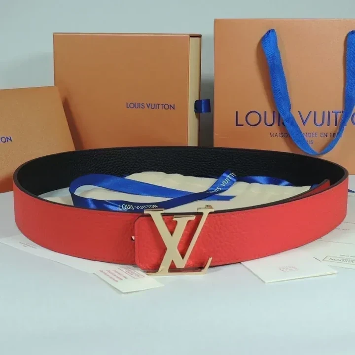 Louis Vuitton Red Taurillon Leather Belt With Lv Initiales Buckle In Shiny Gold -color