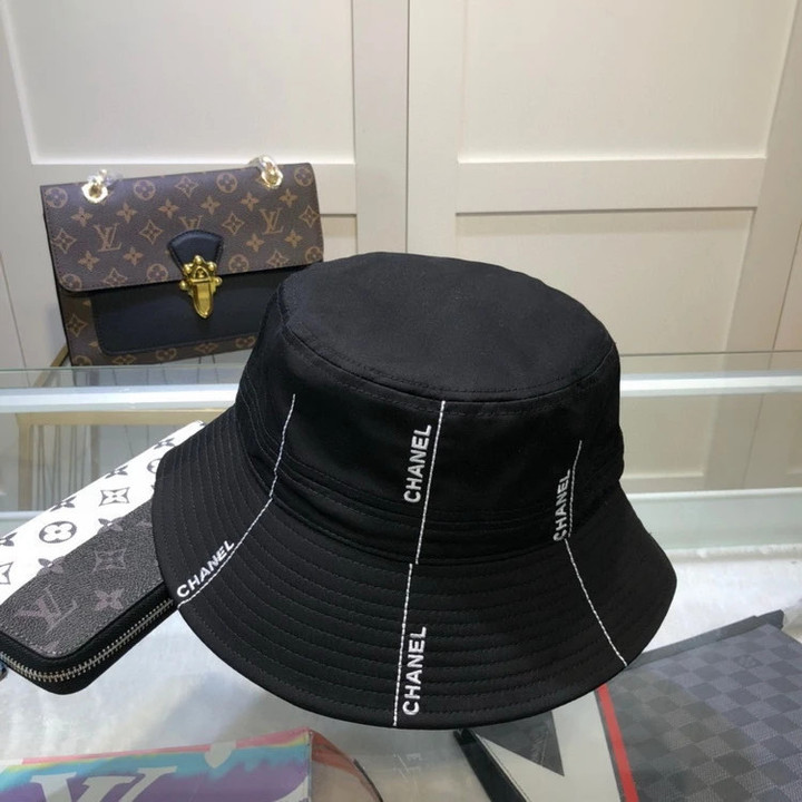 Chanel Embroidered Logo And White Lines Black Bucket Hat