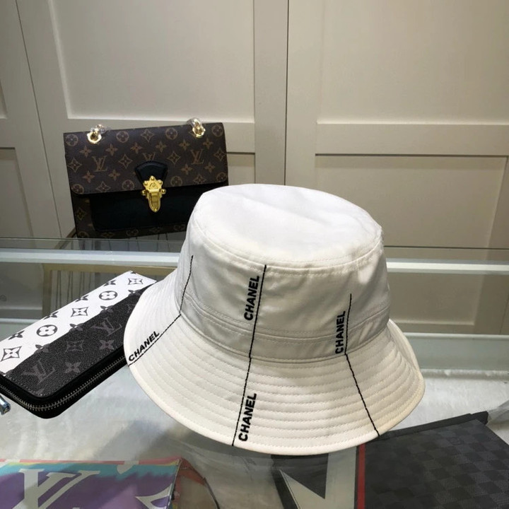 Chanel Embroidered Logo And Black Lines White Bucket Hat
