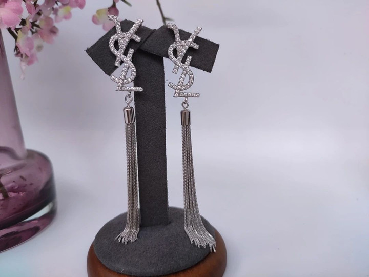 Ysl Saint Laurent Silver Brass With Chain Tassels Earrings