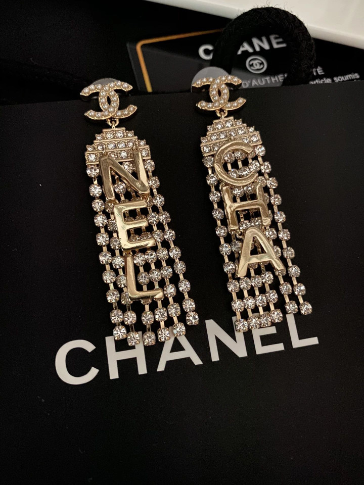 Chanel Pierced Shinning Long Crystal Letter Tassel Earrings
