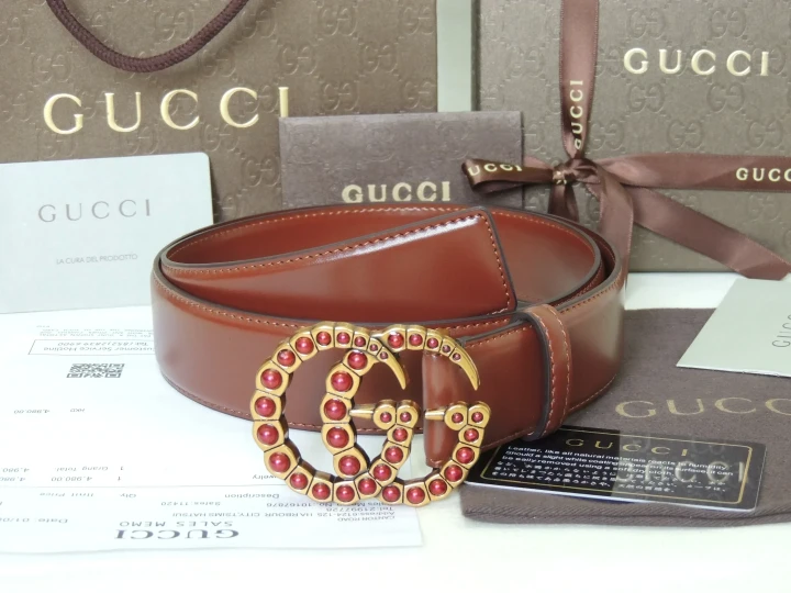 Gucci Brown Leather Belt With Pearl Double G Buckle