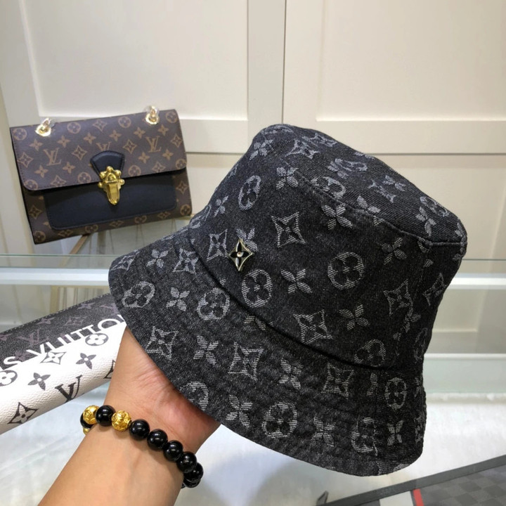 Louis Vuitton Black Monogram Denim Bucket Hat With Flower Logo Buckle