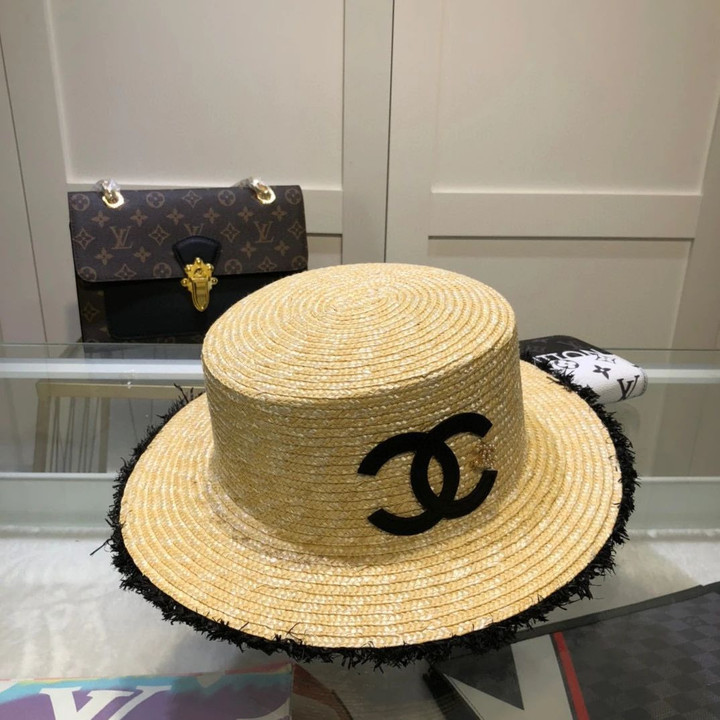 Chanel Black Leather Interlocking C Straw Bucket Hat