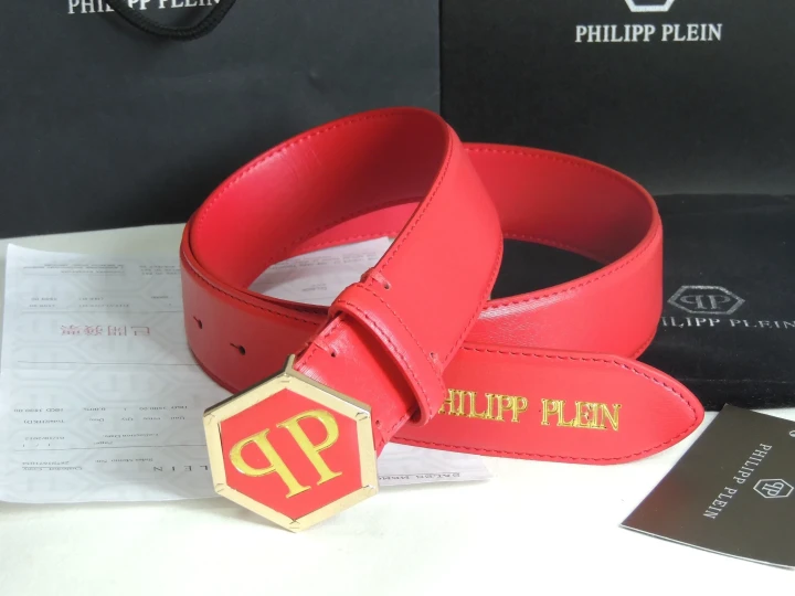 Philipp Plein Gold Hexagon Buckle Red Leather Belt