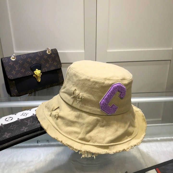 Celine Capital Letter C Italic Frayed Bucket Hat In Beige