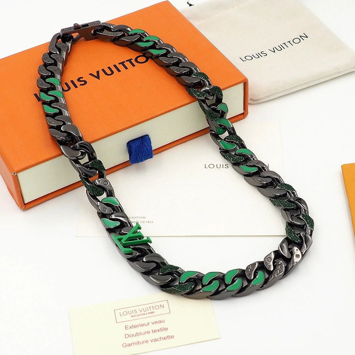 Louis Vuitton 2054 Green Crystals Chain Links Necklace