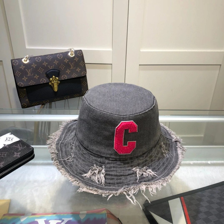 Celine Fray Denim With Embroidery Letter C Bucket Hat In Grey