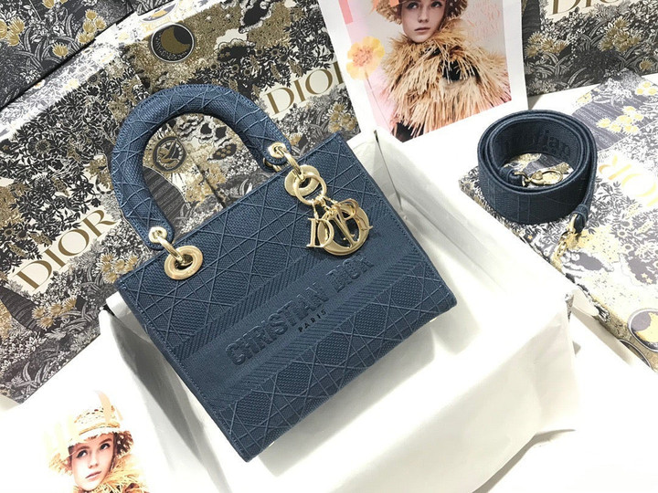 Dior Midium Lady D-Lite Bag Navy Cannage Embroidery