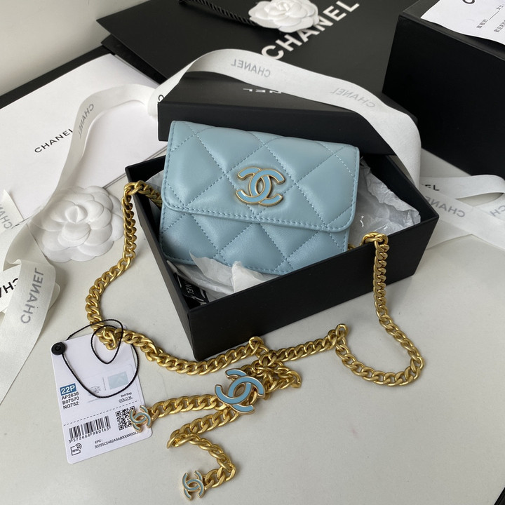 Chanel Small Luxury Lambskin Vintage Chain Light Blue Handbag