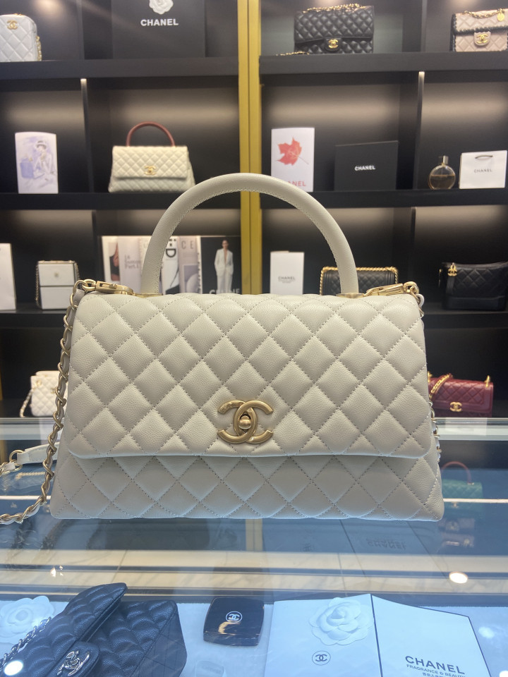 Chanel Caviar Lizard Quilted Coco Handle Flap White Bag