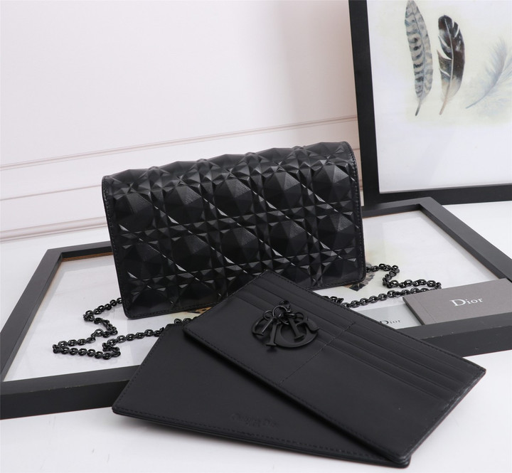 Black Cannage Calfskin With Diamond Motif Lady Dior Pouch