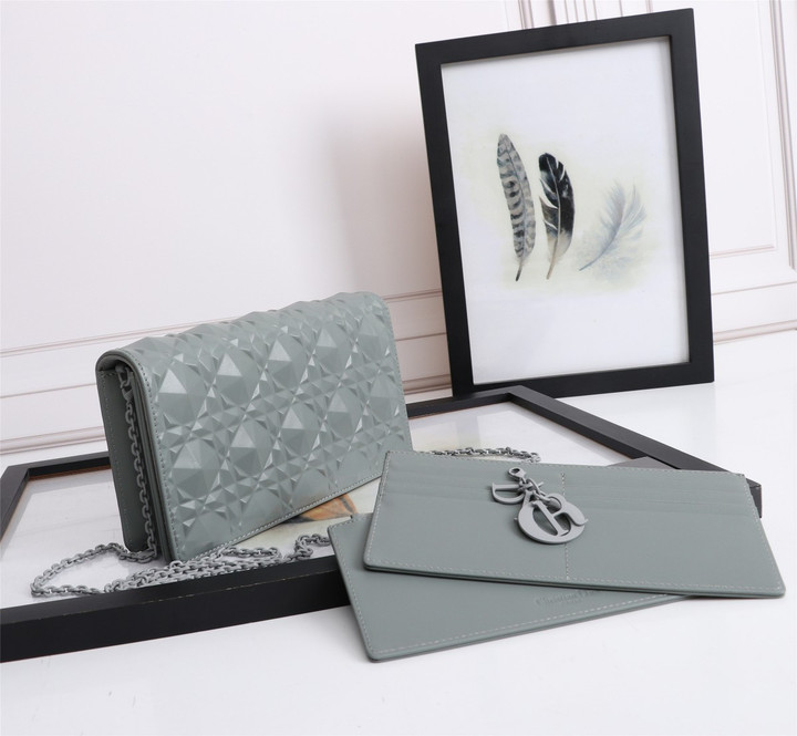 Gray Cannage Calfskin With Diamond Motif Lady Dior Pouch
