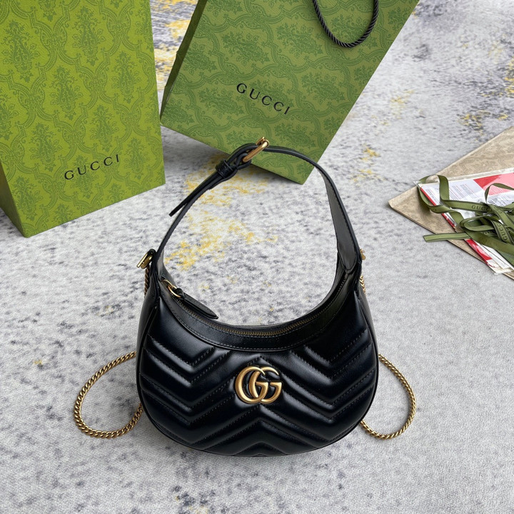 Gucci Black Matelassé Chevron Leather GG Marmont Half-moon-shaped Mini Bag