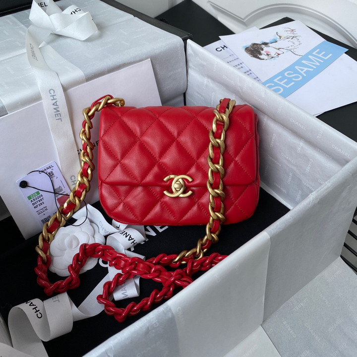 Chanel Mini Flap Sling Bag Lambskin Gold Red