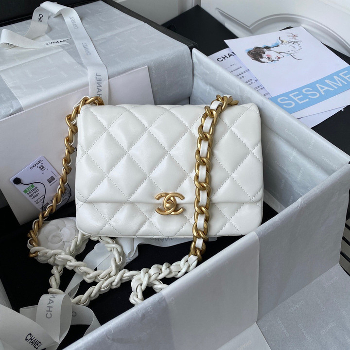 Chanel Small Flap Sling Bag Lambskin Gold White