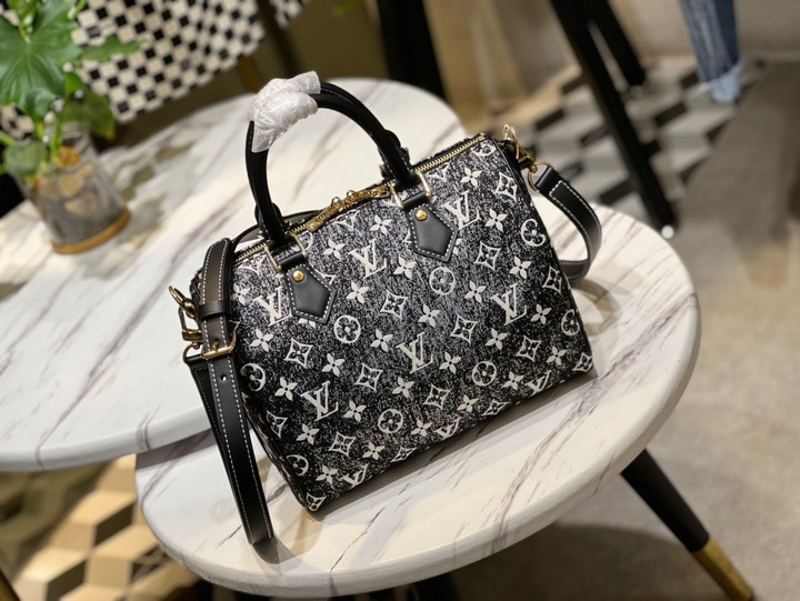 Louis Vuitton Black Denim Jacquard Textile Speedy Bandoulière 25 Handbag