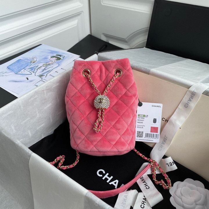 Chanel Drawstring Bucket Bag With Diamond Ball Velvet In Pink