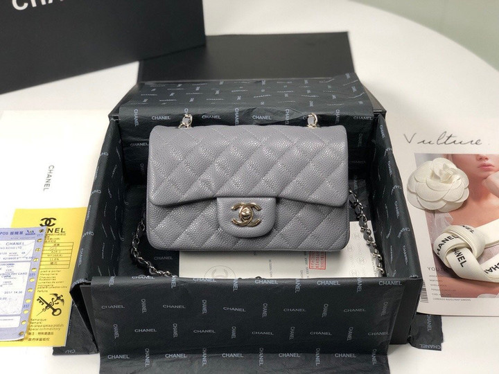 Chanel Classic Small Flap Crossbody Bag Gray Cowhide Caviar Silver Hardware