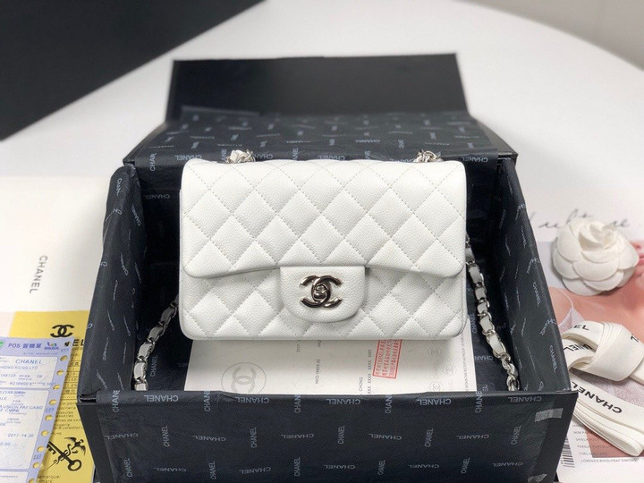 Chanel Classic Small Flap Crossbody Bag White Cowhide Caviar Silver Hardware
