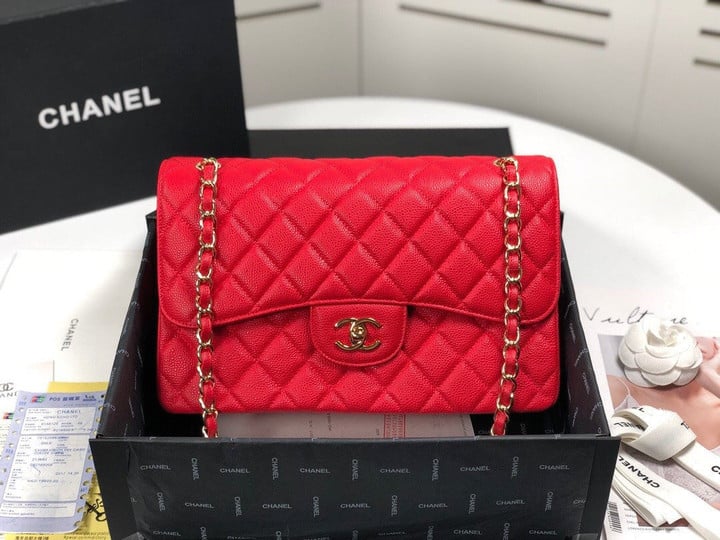 Chanel Large Classic Double Flap Bag Red Calfskin Gold Hardware