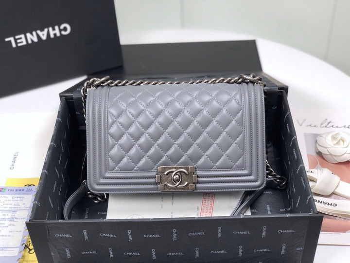 Chanel Boy Handbag Medium Lambskin In Gray