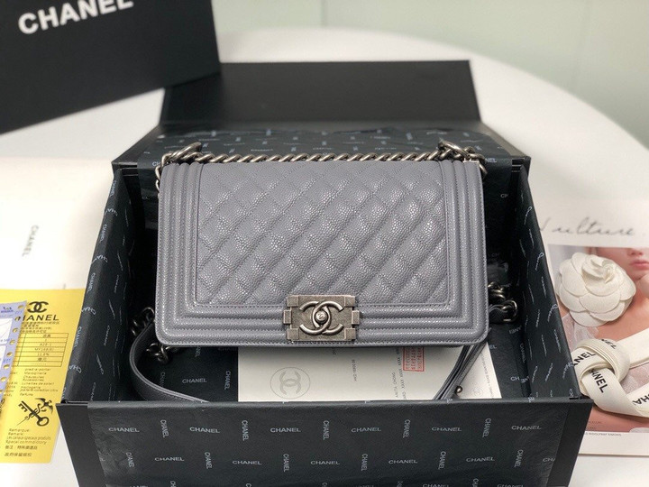 Chanel Boy Handbag Medium Grain Calfskin In Gray