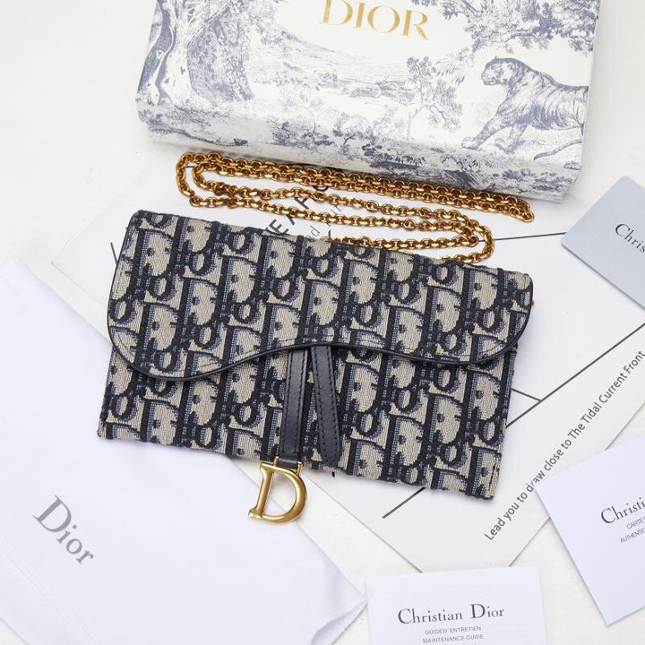 Dior Long Saddle Wallet With Chain Blue Dior Oblique Jacquard