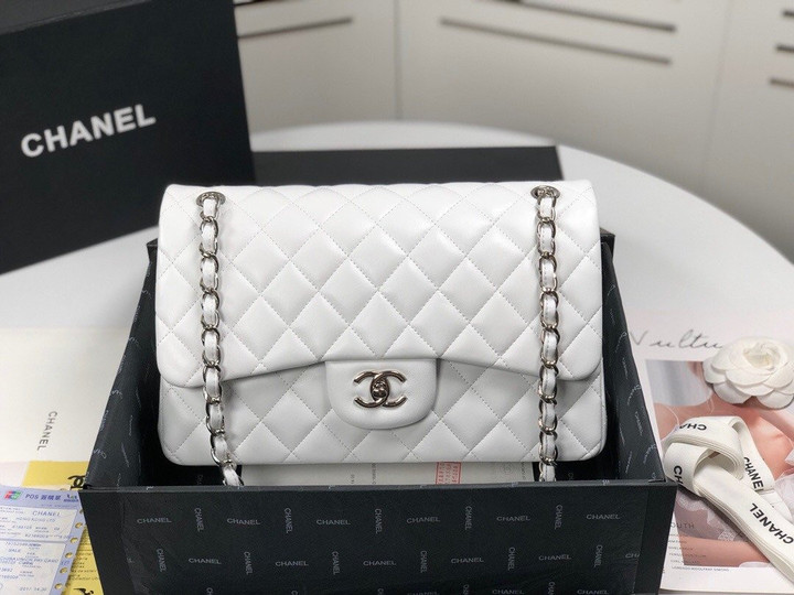Chanel Large Classic Double Flap Bag Smooth Leather In White