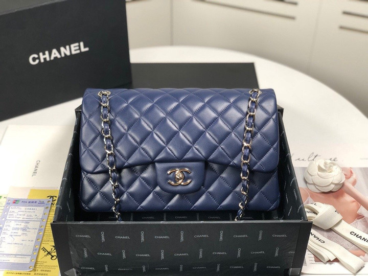 Chanel Large Classic Double Flap Bag Smooth Leather In Navy