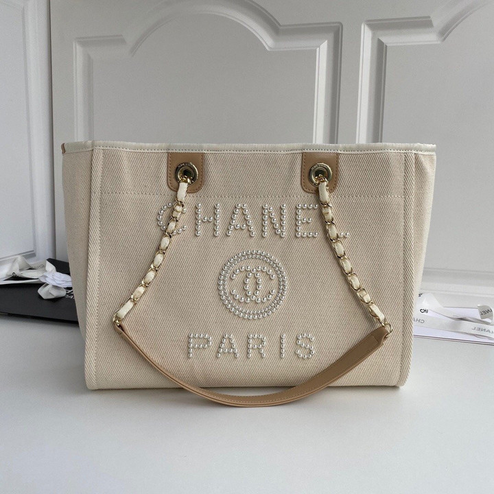 Chanel Deauville Tote Bag Pearl Embellished Canvas Medium In Beige