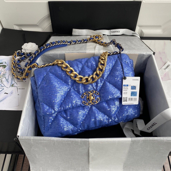 Chanel 19 Flap Bag Large Lambskin With Sequins In Blue