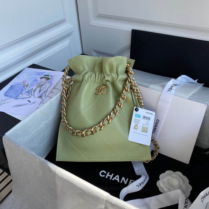 Chanel Drawstring Carry Shoulder Bucket Bag In Sage Green
