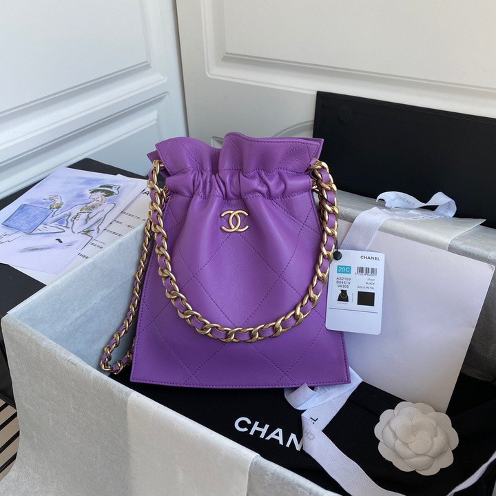 Chanel Drawstring Carry Shoulder Bucket Bag In Purple
