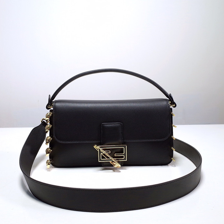 Fendi Baguette Brooch Fendace Black Leather Bag