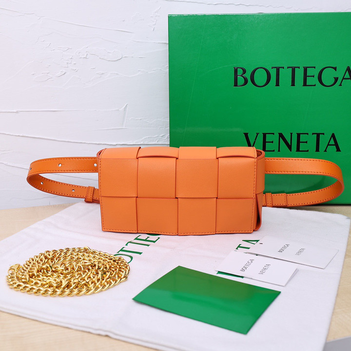 Bottega Veneta Cassette Mini Chain Waist Bag Intreccio Calfskin In Tangerine