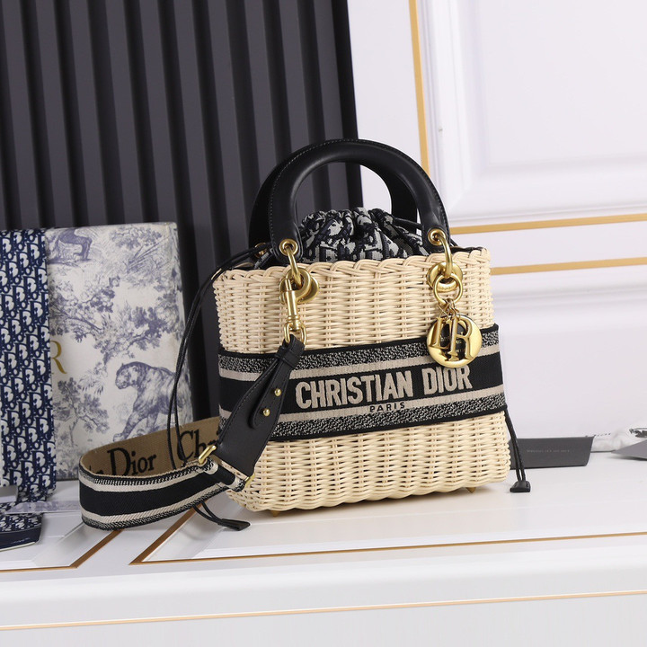 Christian Dior Medium Lady Bag Natural Wicker And Black Dior Oblique Jacquard