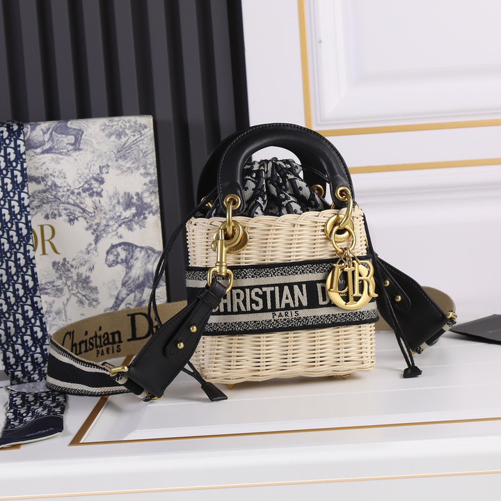 Christian Dior Small Lady Bag Natural Wicker And Black Dior Oblique Jacquard