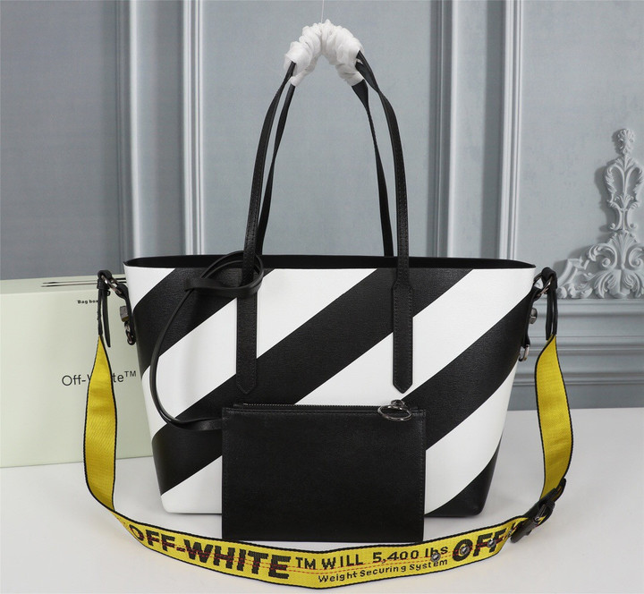 Off-White White Diagonals Tote Bag Black Leather