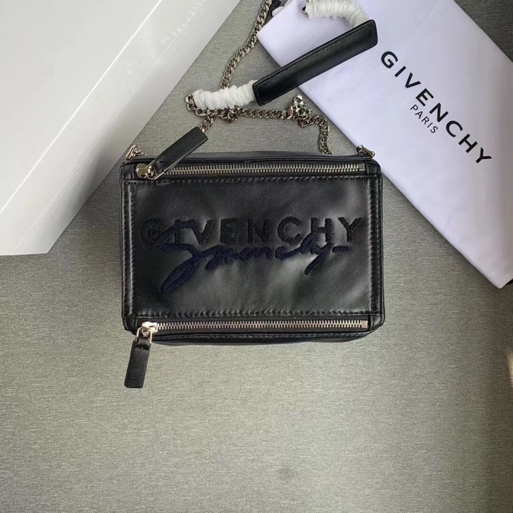 Givenchy Pandora Small Embroidered Signature Logo Chain Bag In Black