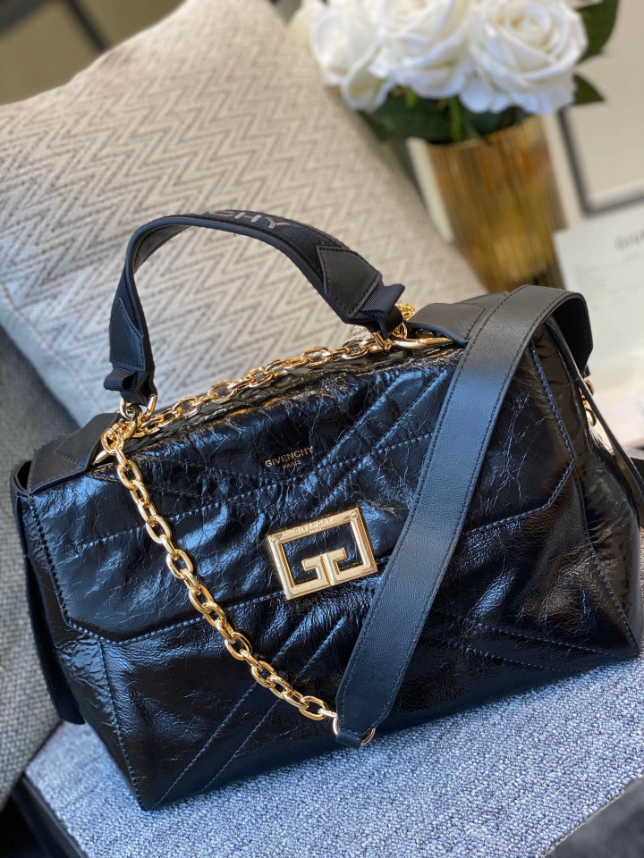 Givenchy Ceased Handle Bag Black Shiny Wrinkled Cowhide Gold Hardware