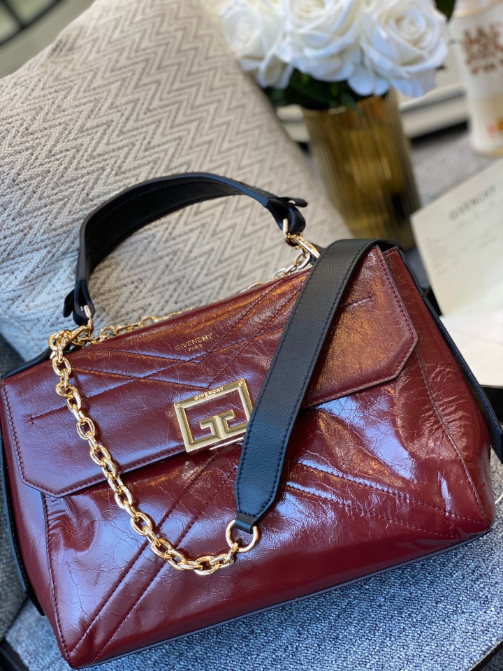 Givenchy Ceased Handle Bag Burgundy Shiny Wrinkled Cowhide