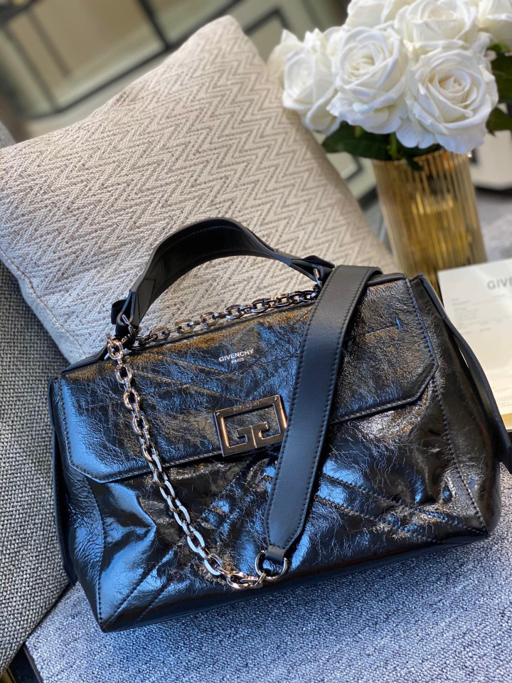 Givenchy Ceased Handle Bag Black Shiny Wrinkled Cowhide Silver Hardware