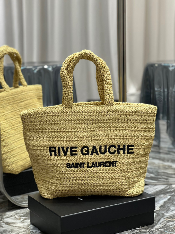 Saint Laurent Rive Gauche Supple Tote Bag Raffia Crochet In Wheat