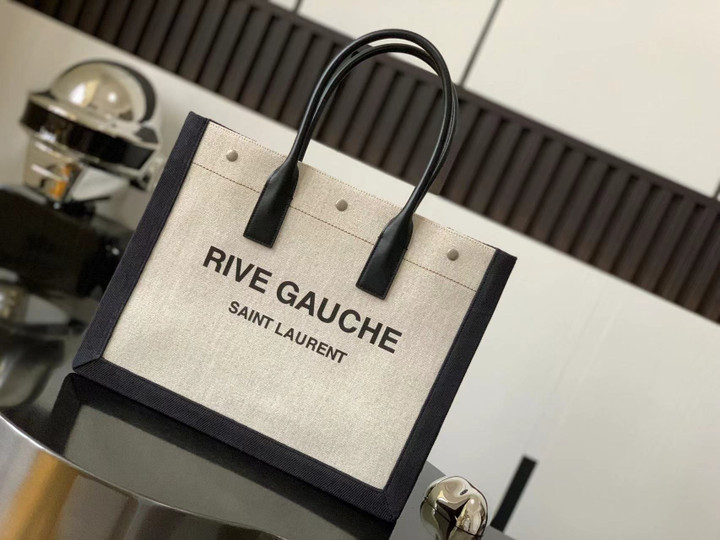 Saint Laurent Rive Gauche Small Tote Bag Linen And Leather In Blanc Vintage/Black